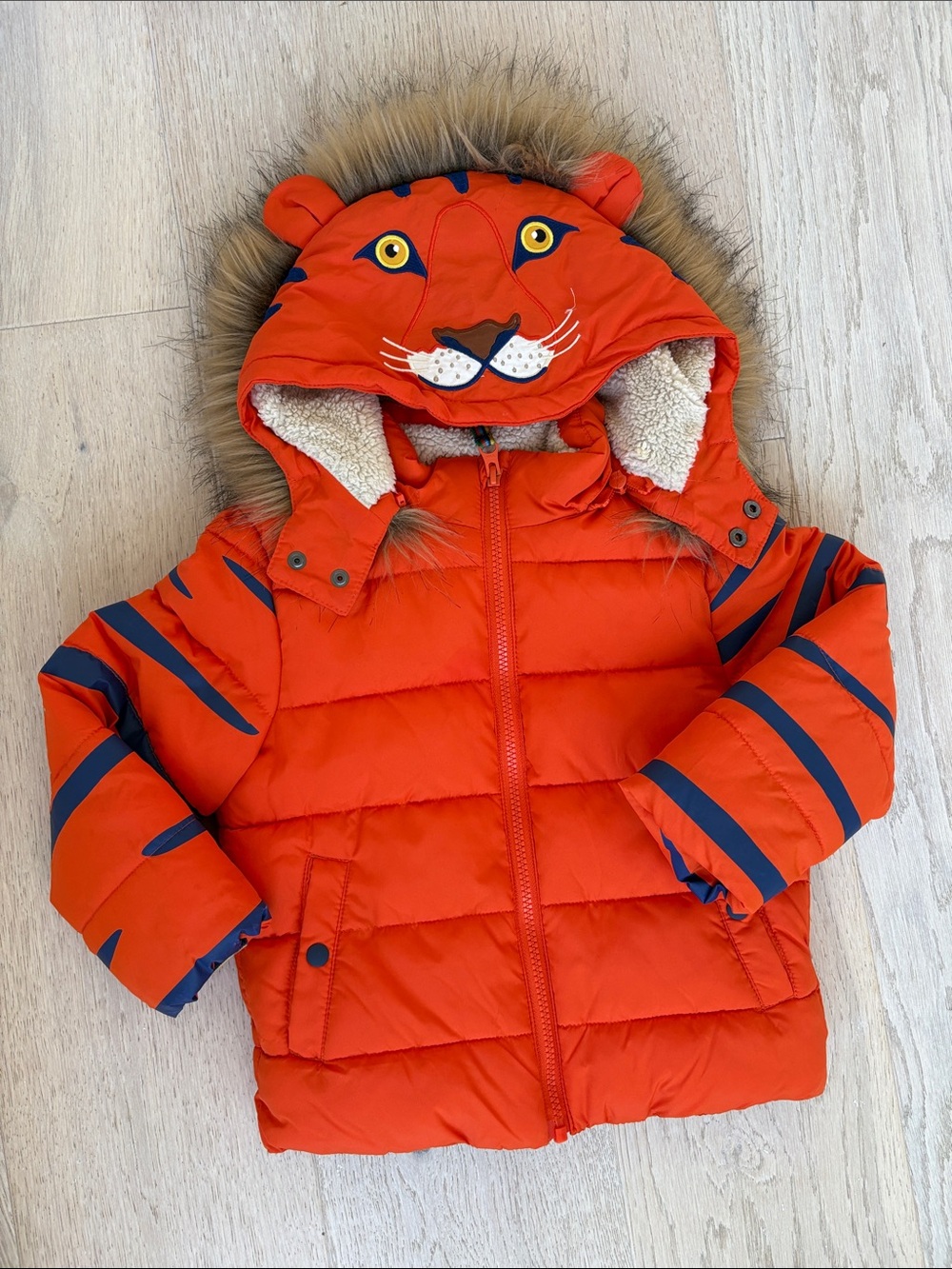 Mini Boden Orange Tiger Hooded Puffer Jacket with Faux-Fur Trim